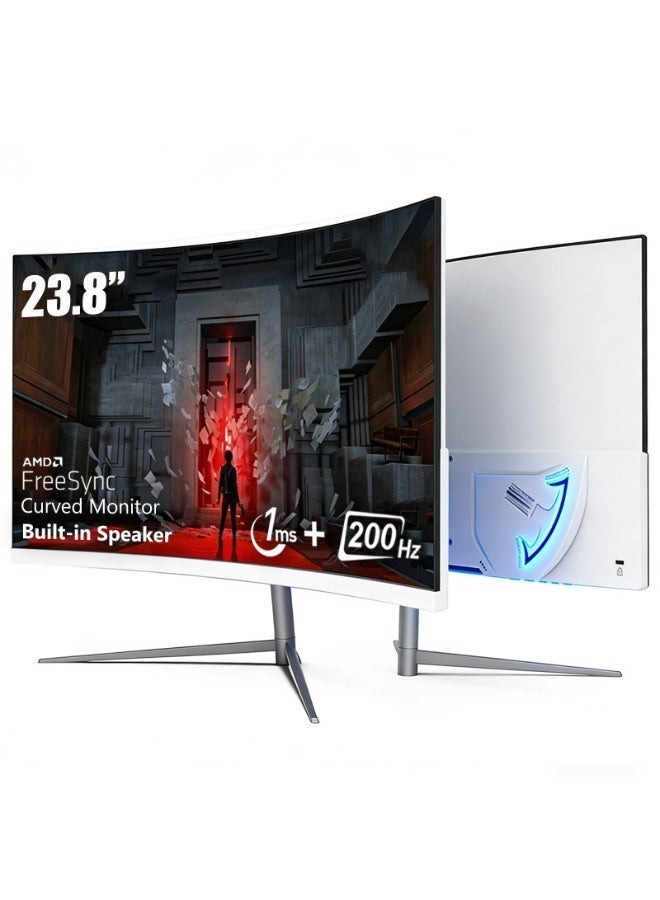 شاشة ألعاب منحنية مقاس 23.8 بوصة، معدل تحديث 165 هرتز، دقة 1920 * 1080 بكسل، زمن استجابة 1 مللي ثانية، شاشة كمبيوتر بتقنية Freesync، إضاءة خلفية LED Axe، شاشة منحنية 1800R، مكبر صوت مدمج، إضاءة خلفية RGB، HDMI، DP، USB - Image 1